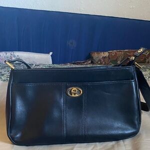 Genuine Black Leather Shoulder Bag with Gold Hardware